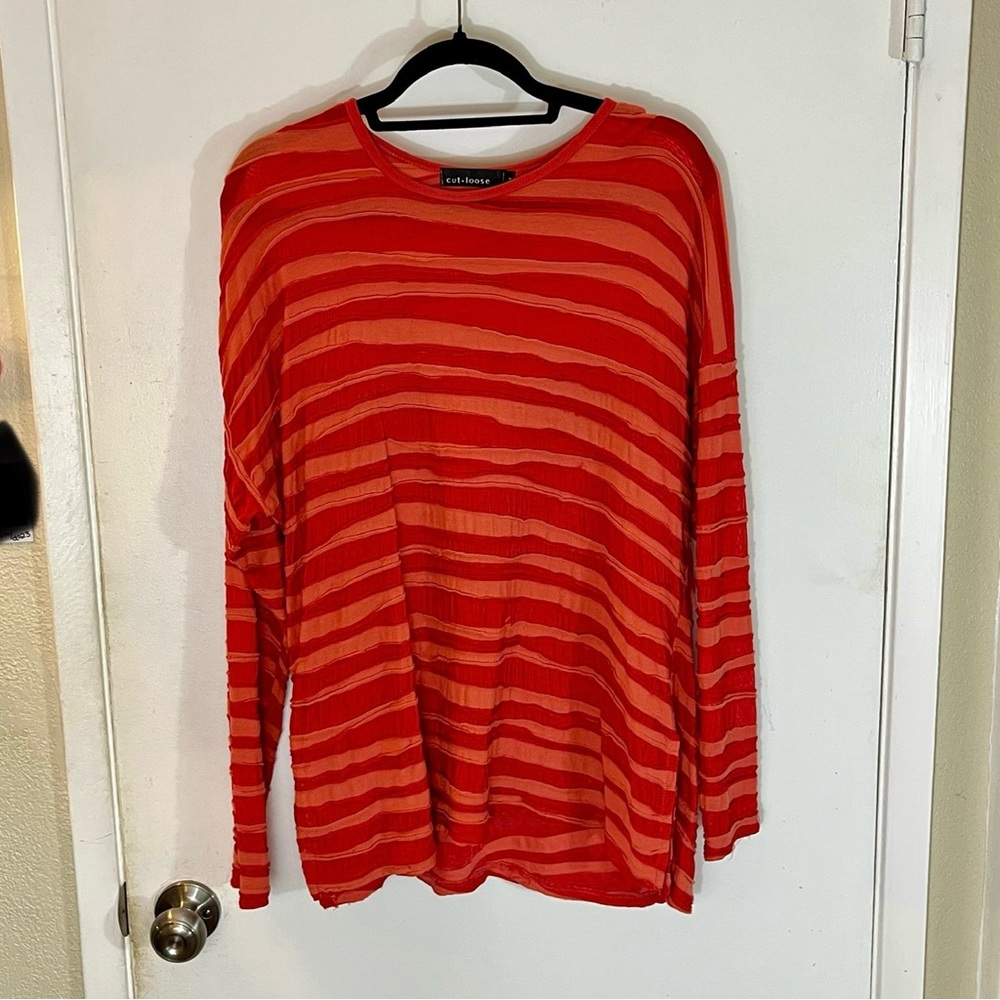 Cut Loose Striped Tunic Top Textured Knit Mesh Boat Neck Sheer Art Wear Artsy